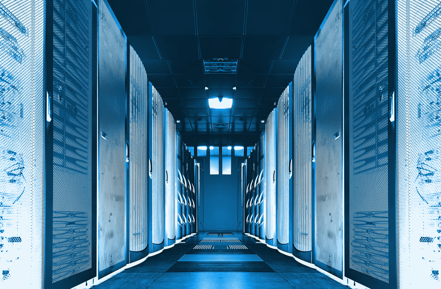 Modern web network and internet telecommunication technology, big data storage and cloud computing computer service business concept: server room interior in datacenter in blue light